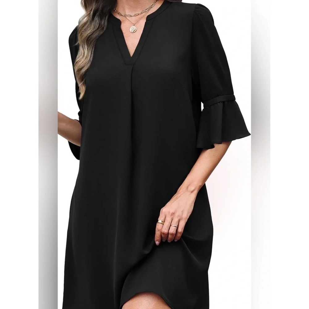 Ruffle Sleeve Summer Short Dress Womens L V Neck Black Preppy Cute Rumia Shift